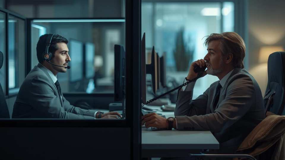 Teleoperador de call center gestionando una llamada evitando barreras de comunicación físicas y semánticas.