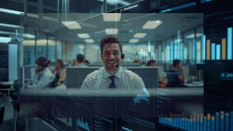Analista de calidad de call center realizando monitoreo y feedback a teleoperadores en oficina.