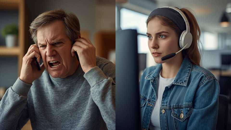 Teleoperador gestionando una llamada difícil con un cliente molesto aplicando técnicas de empatía y escucha activa.