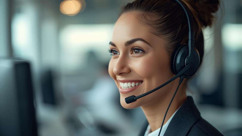 Teleoperadora aplicando la técnica de la sonrisa telefónica para mejorar la empatía y comunicación con el cliente.