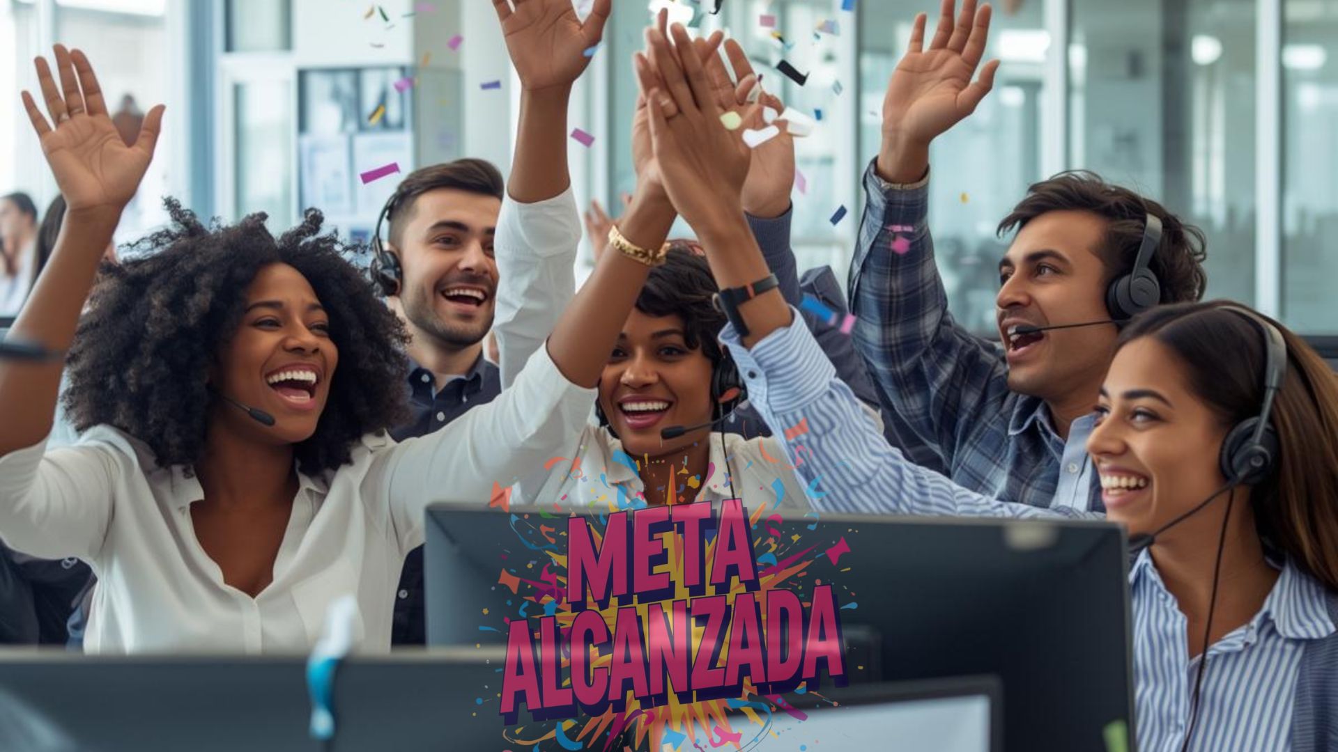 Supervisor de call center motivando a su equipo de teleoperadores y celebrando el éxito en ventas.