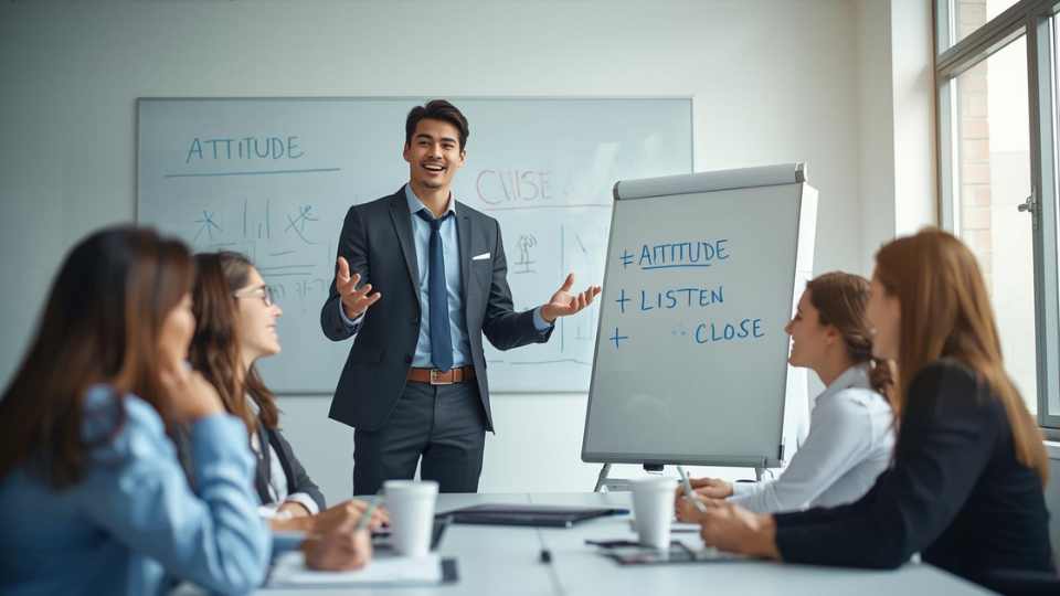 Teleoperador de ventas aplicando técnicas de persuasión y cierre telefónico en un call center.