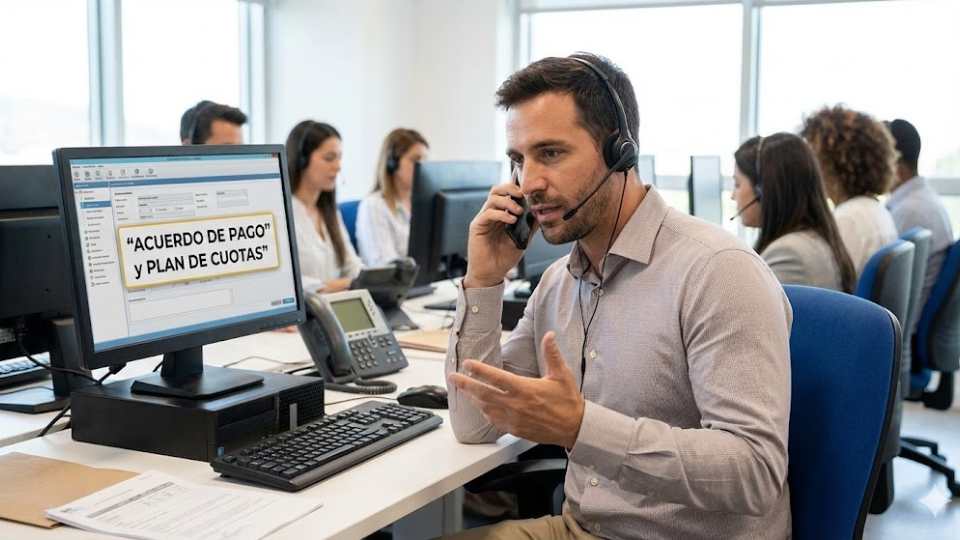 Agente de recobro gestionando una deuda telefónicamente y negociando un acuerdo de pago con el cliente.