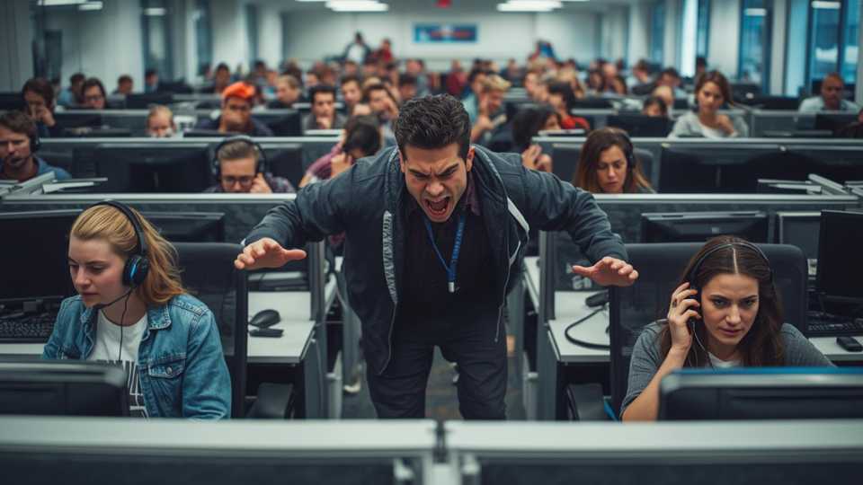 Líder de equipo en call center dando feedback constructivo a un teleoperador para evitar errores de supervisión.
