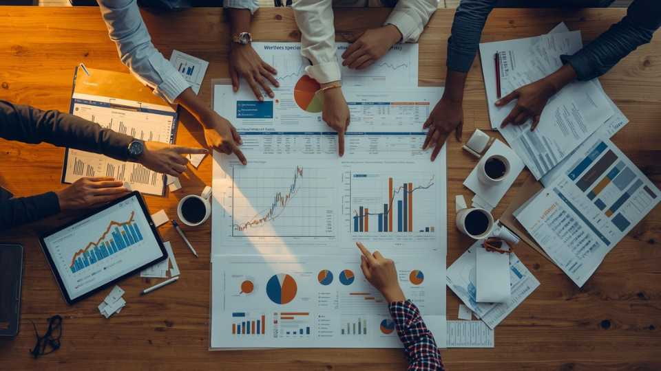 Equipo de ventas analizando un plan estratégico y gráficos de rendimiento en una pizarra.