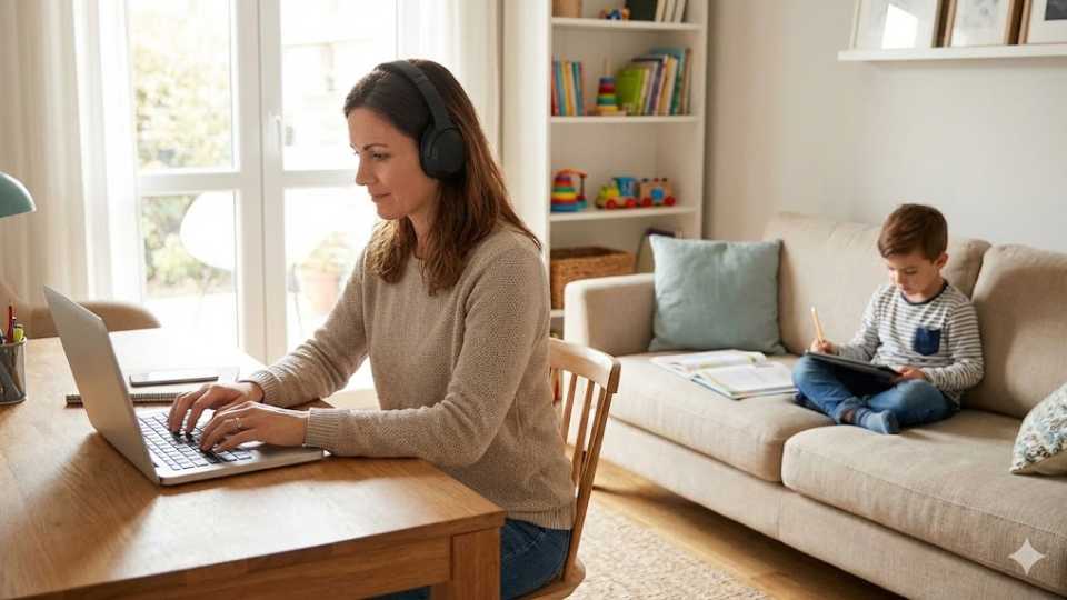 Persona trabajando feliz desde casa con ordenador portátil disfrutando de las ventajas del teletrabajo y la conciliación familiar.