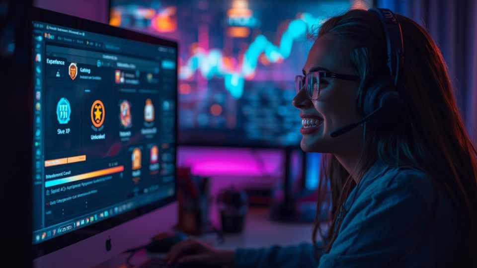 Agentes de call center celebrando logros frente a una pantalla de gamificación con medallas y puntuaciones.