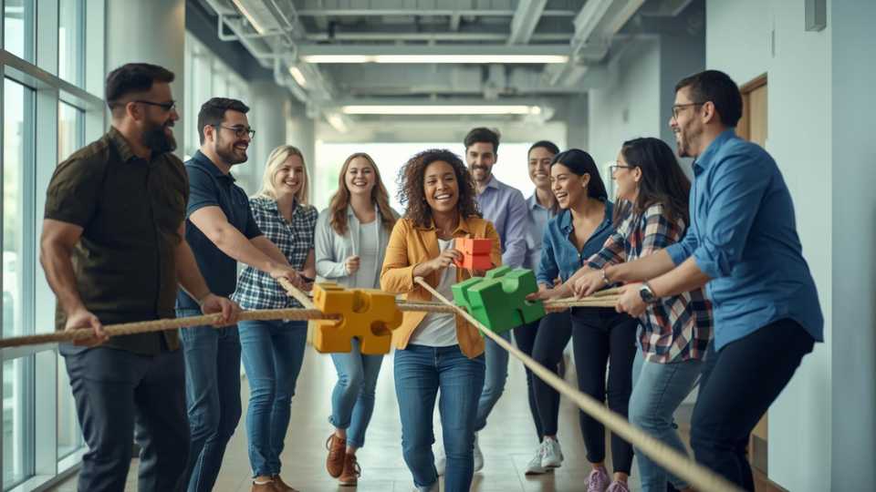 Grupo de empleados de call center riendo y participando en una dinámica de juegos de trabajo en equipo en la oficina.