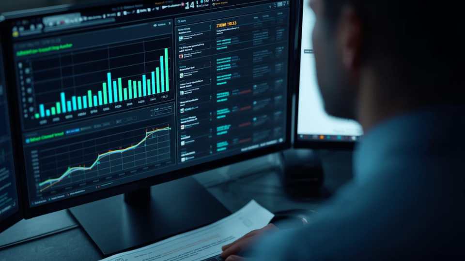 Analista de calidad revisando un cuadro de mando integral y métricas de desempeño en la pantalla de un ordenador en un call center.