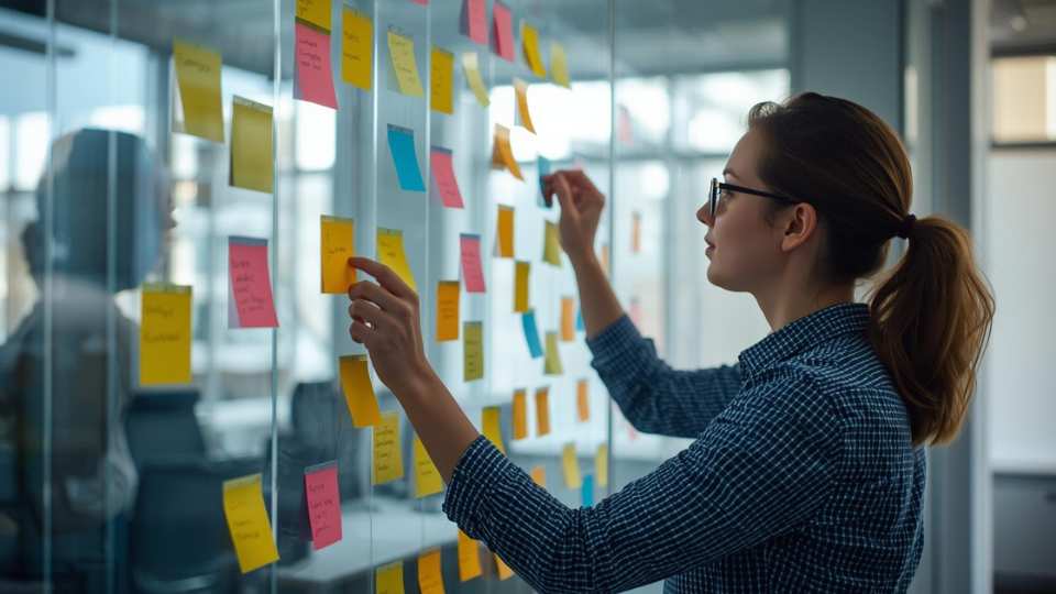 Empleado de oficina concentrado aplicando técnicas de memoria y organización para mejorar su productividad laboral.