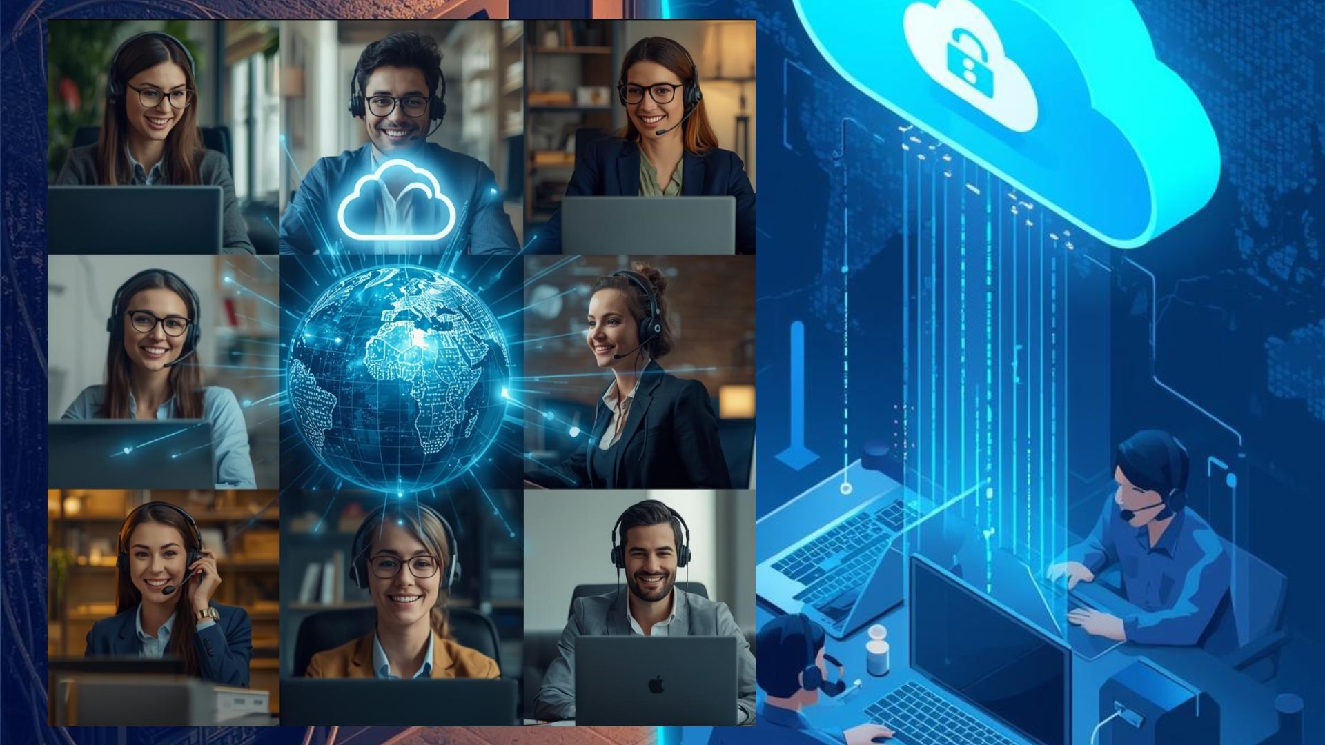 Diagrama de funcionamiento de una centralita virtual VoIP conectando agentes remotos en un call center.
