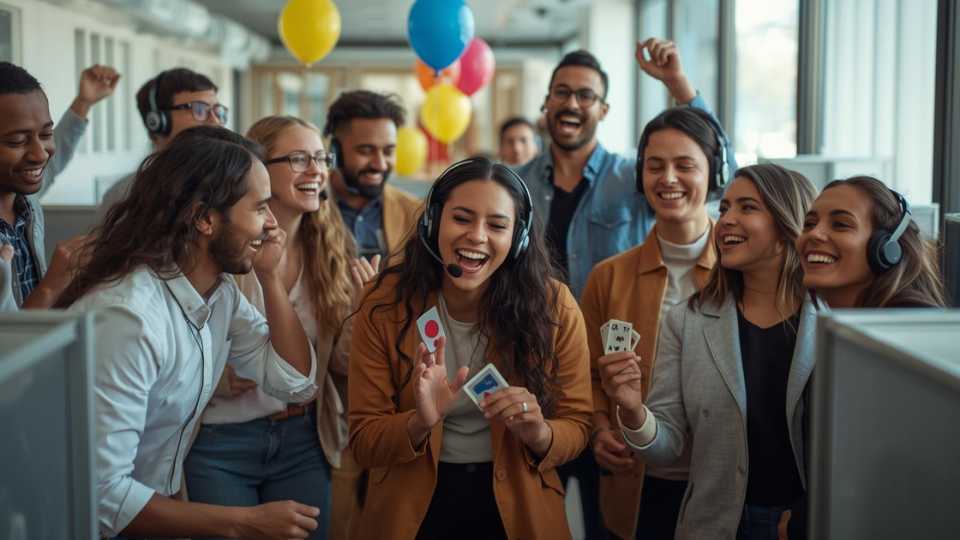 Grupo de empleados participando en dinámicas recreativas en la oficina para mejorar la integración y reducir el estrés laboral.