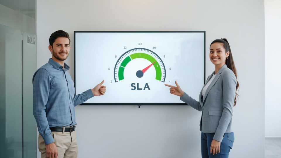 Agentes de call center trabajando para cumplir el Nivel de Servicio y los objetivos del SLA.