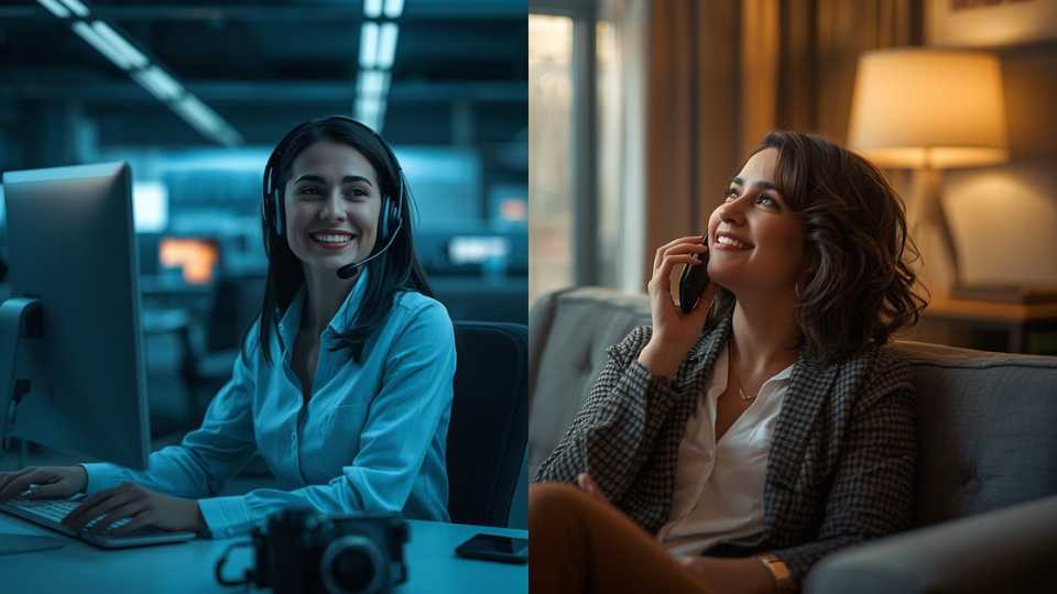 Teleoperador mostrando empatía y escucha activa durante una llamada de atención al cliente en un entorno agradable.