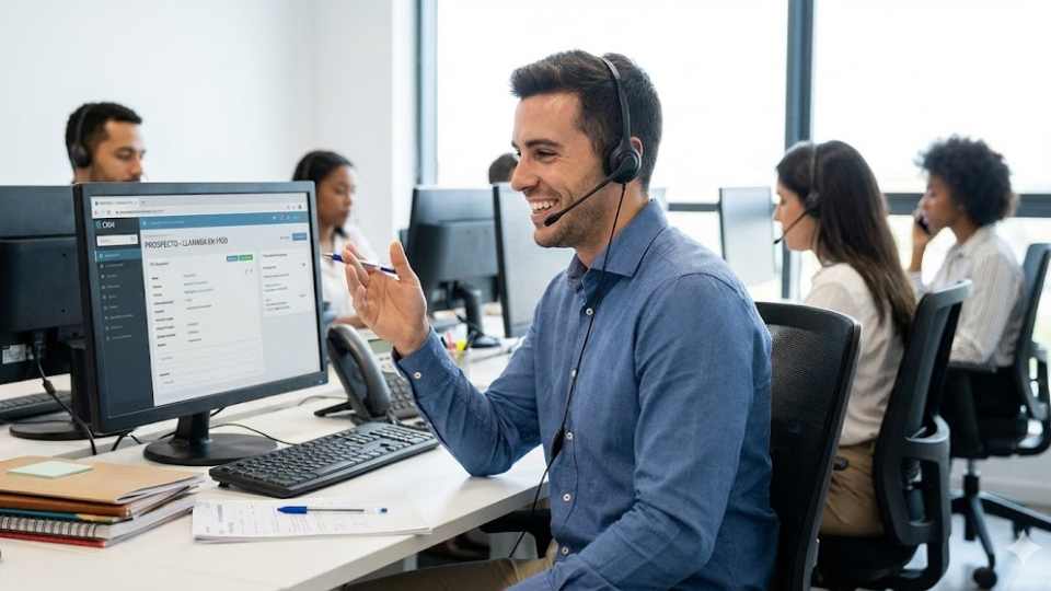 Teleoperador realizando una llamada de venta fría con actitud segura y profesional para captar clientes.