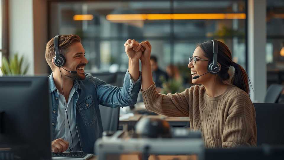 Grupo de teleoperadores motivados y comprometidos trabajando en equipo en un Call Center de alto rendimiento.