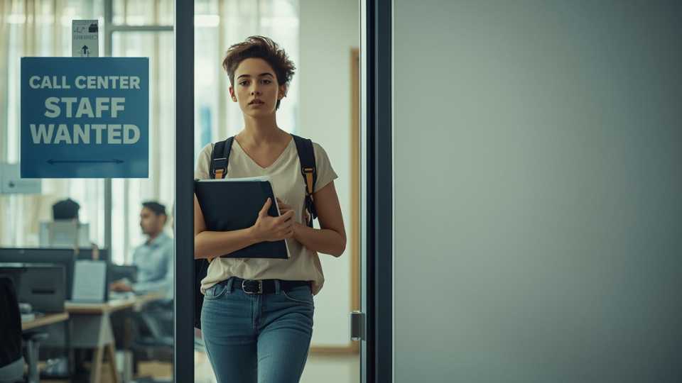 Joven en entrevista de trabajo para teleoperador consiguiendo empleo sin experiencia previa en call center.