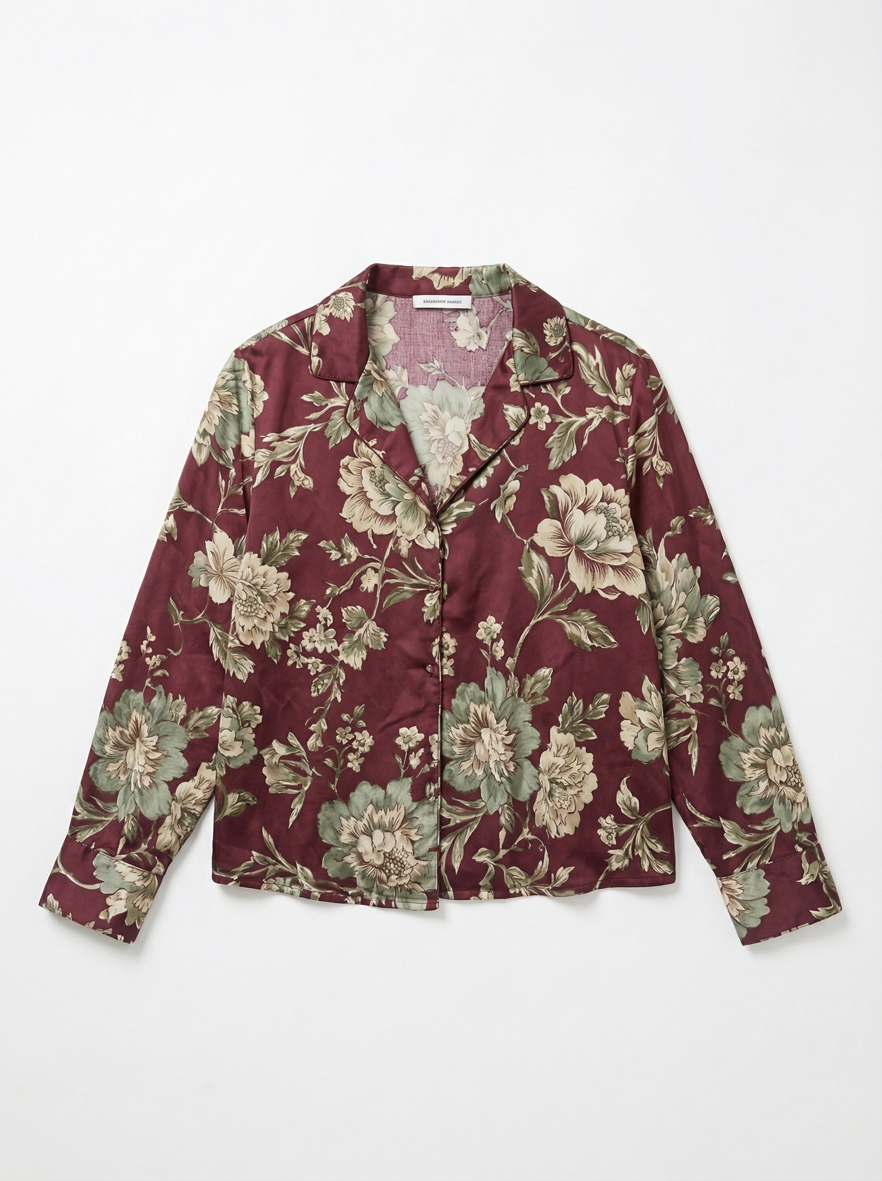 Smartphone photo on a bed → studio-quality e-commerce flat-lay. Every petal, button, and burgundy tone preserved exactly.
