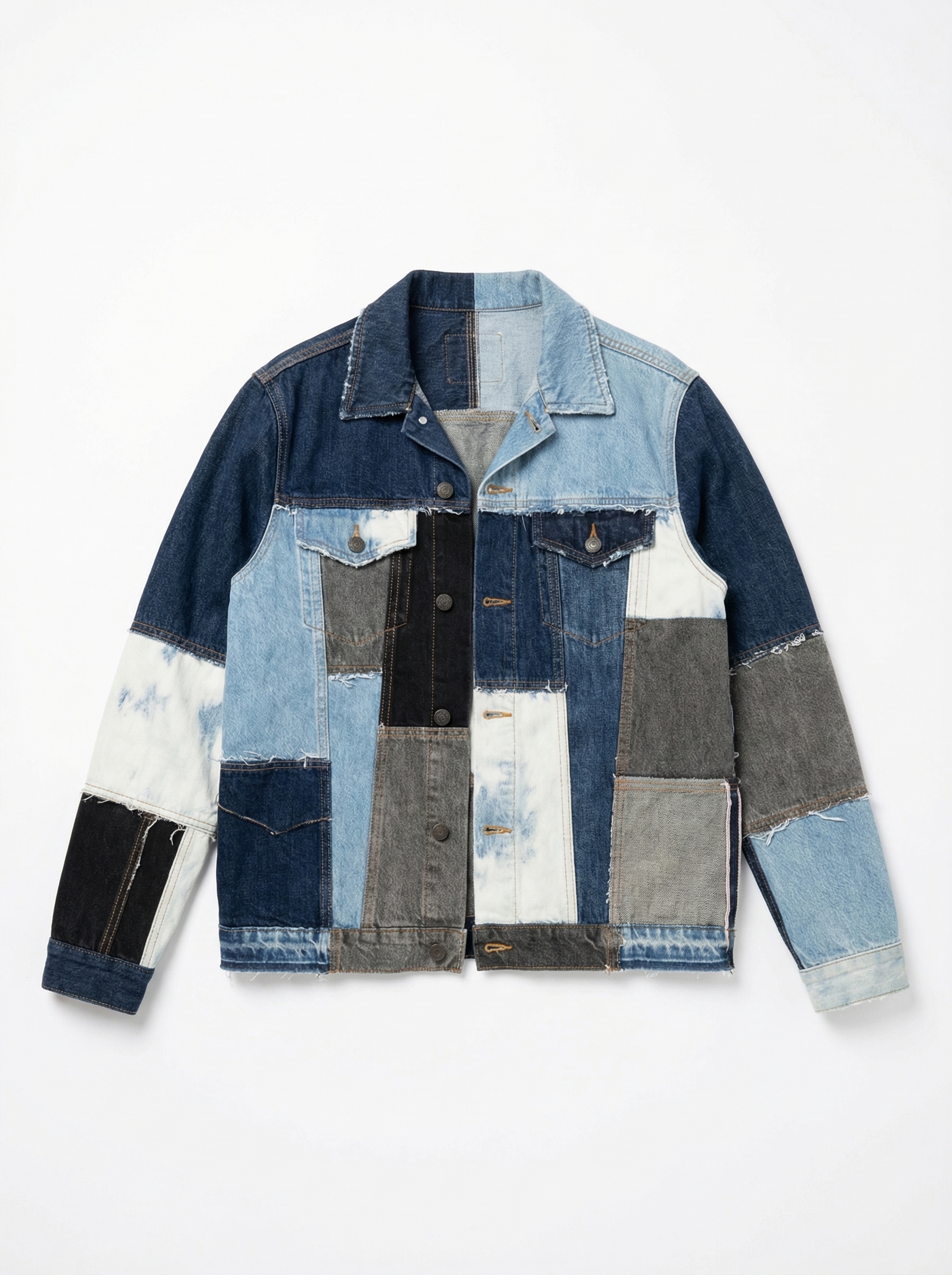 Door-hung patchwork denim jacket — every frayed seam, bleached panel, and contrast wash mapped to a clean e-commerce flat-lay with full front view.