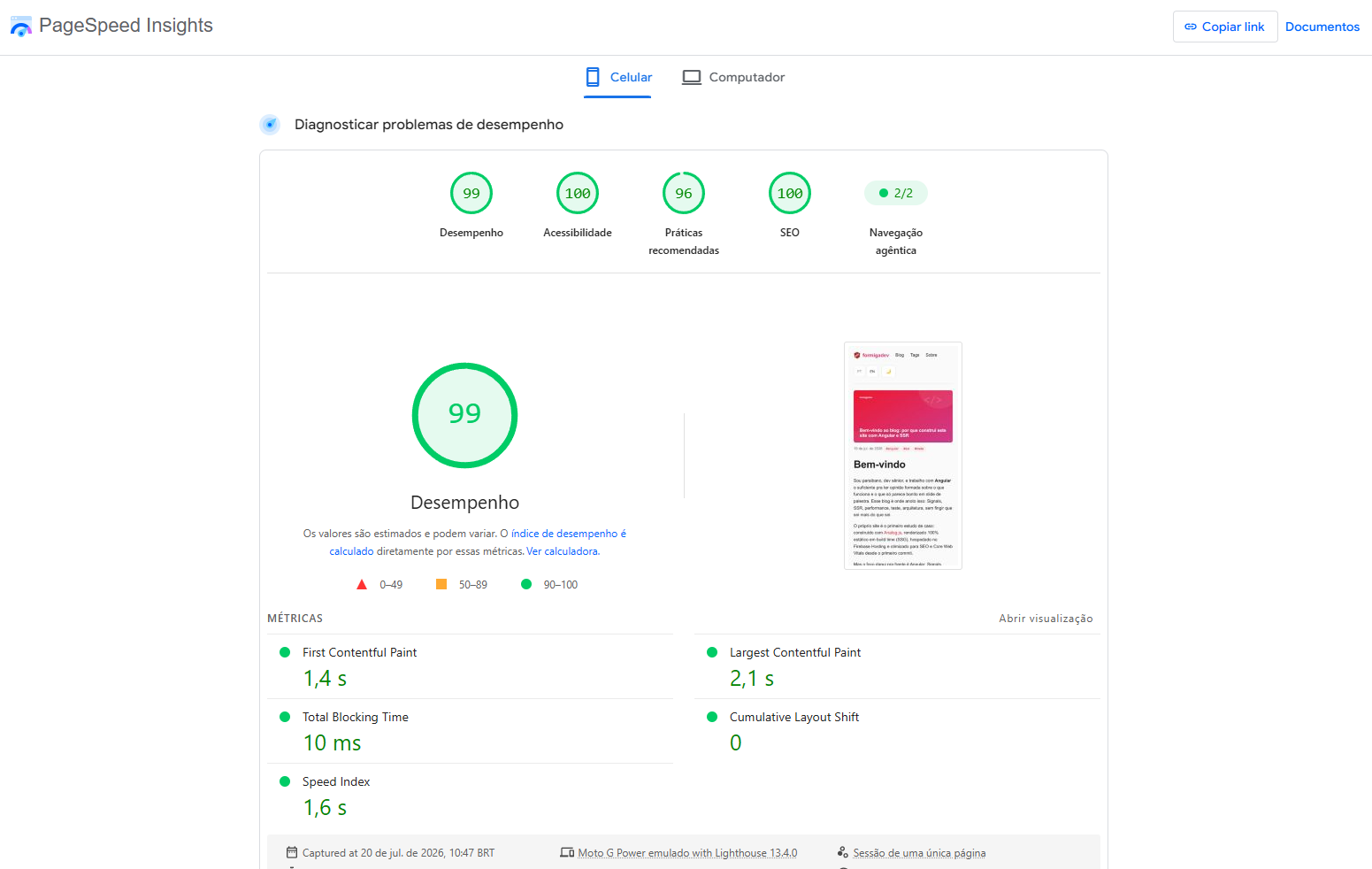 Resultado do PageSpeed Insights para este post: Performance 99, Acessibilidade 100, Best Practices 96, SEO 100