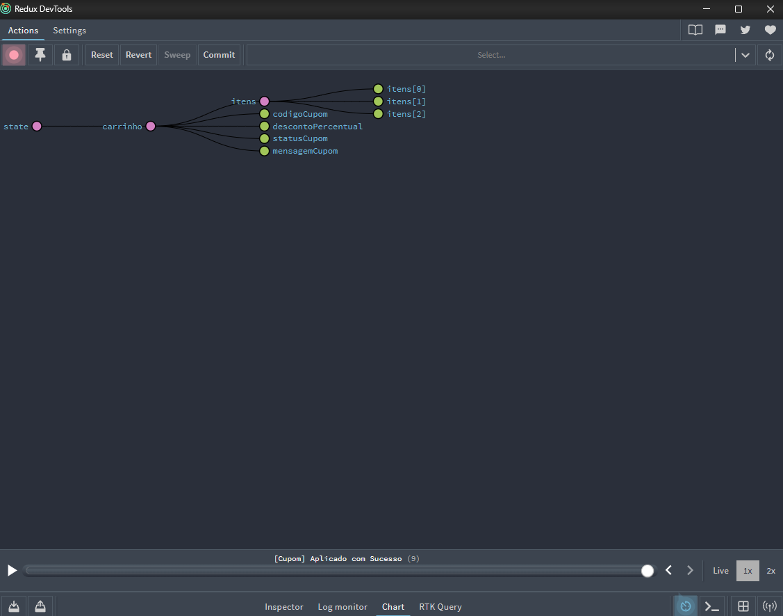 State tree in Redux DevTools showing the contents of the example cart's Store at a specific point on the action timeline