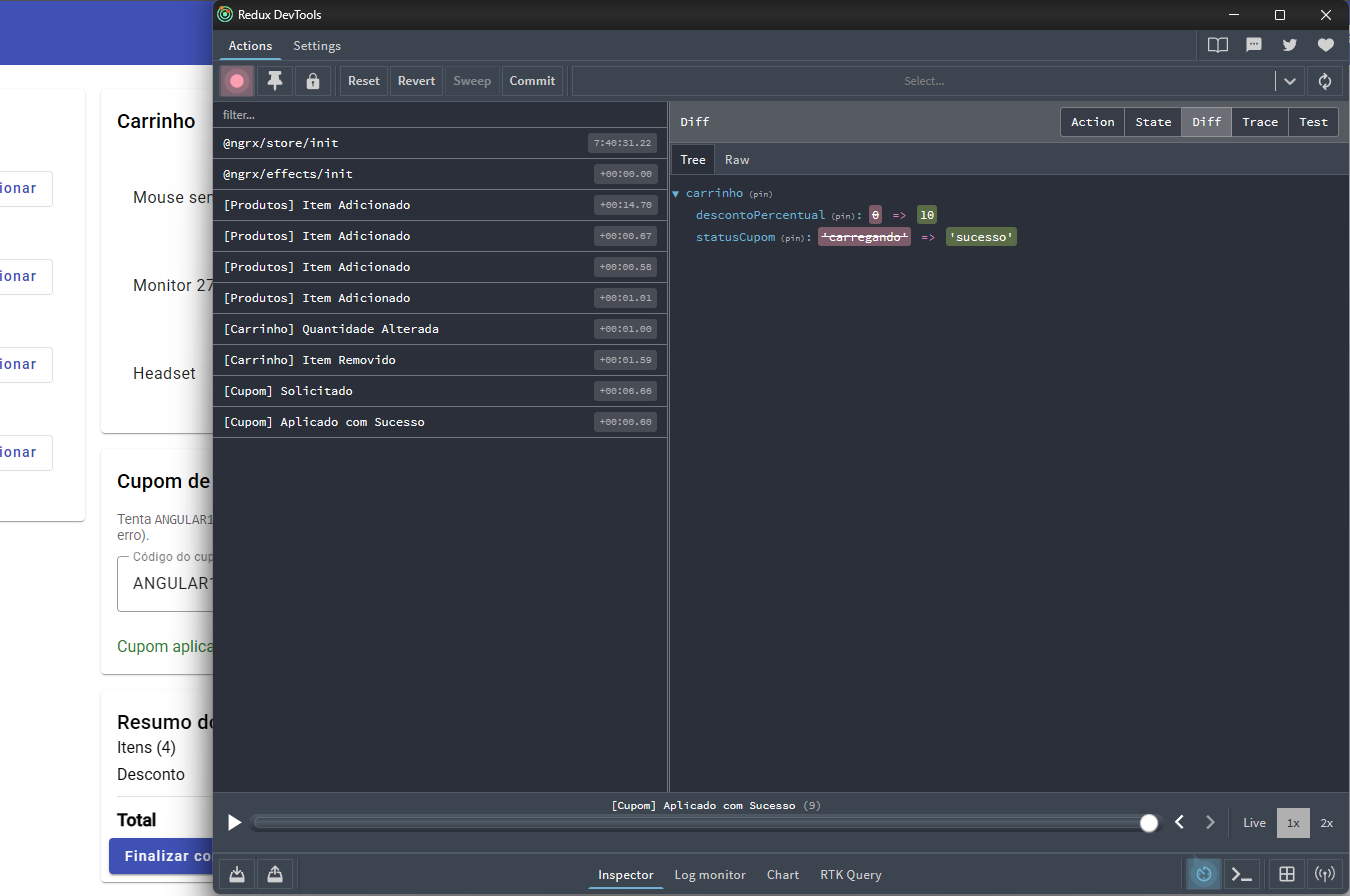 Action log in Redux DevTools showing the actions dispatched while adding products and applying a coupon in the example cart