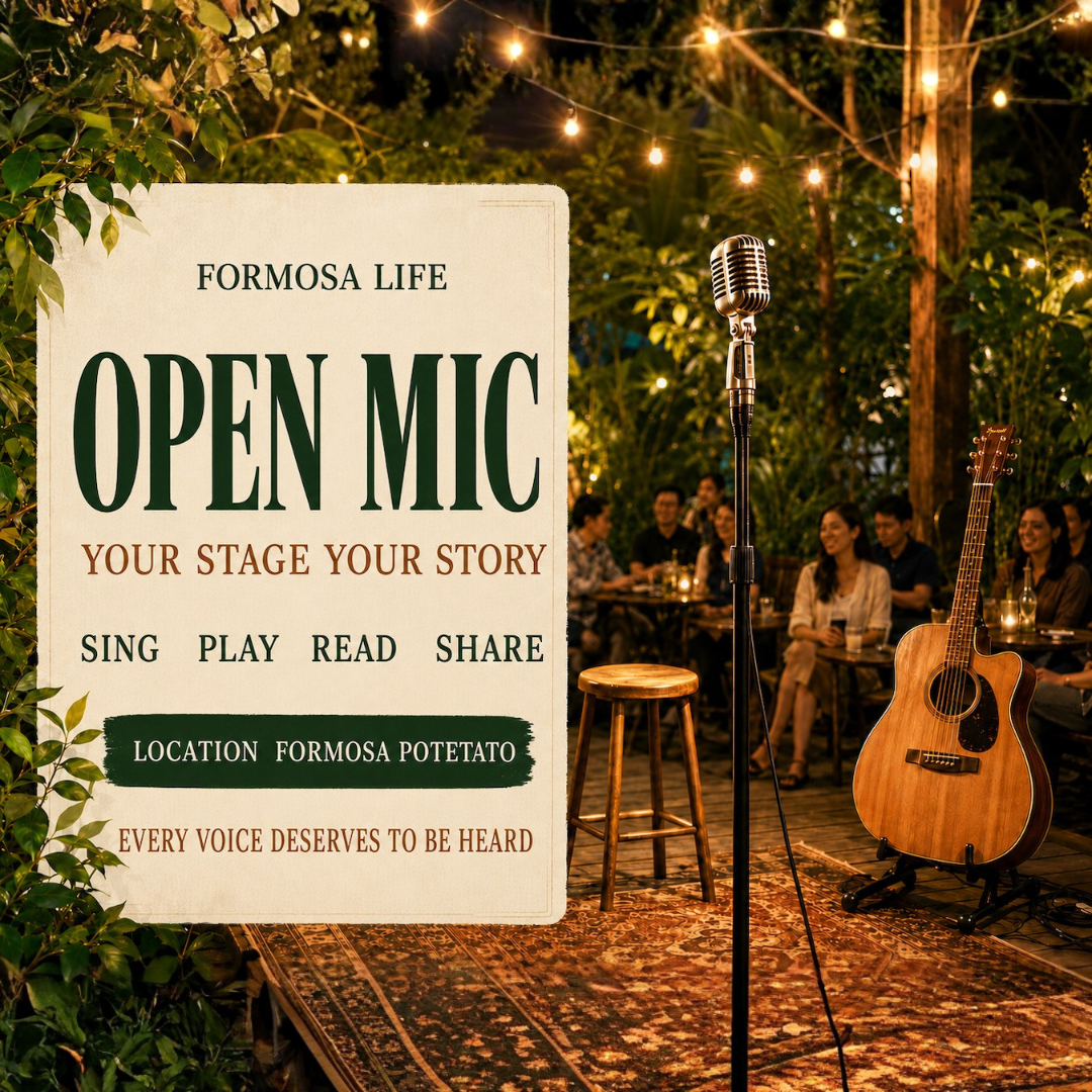 Formosa Life Open Mic garden event in Bangkok with microphone, guitar and outdoor seating