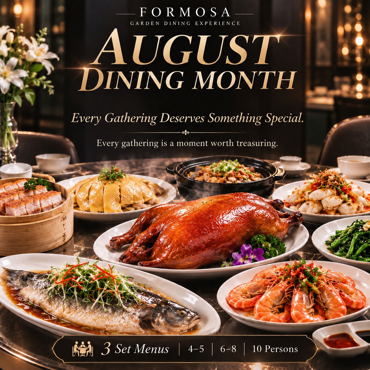 Formosa August Dining Month featuring signature Taiwanese group set menus with Peking Duck, steamed fish, prawns, and authentic Taiwanese cuisine in a garden restaurant.