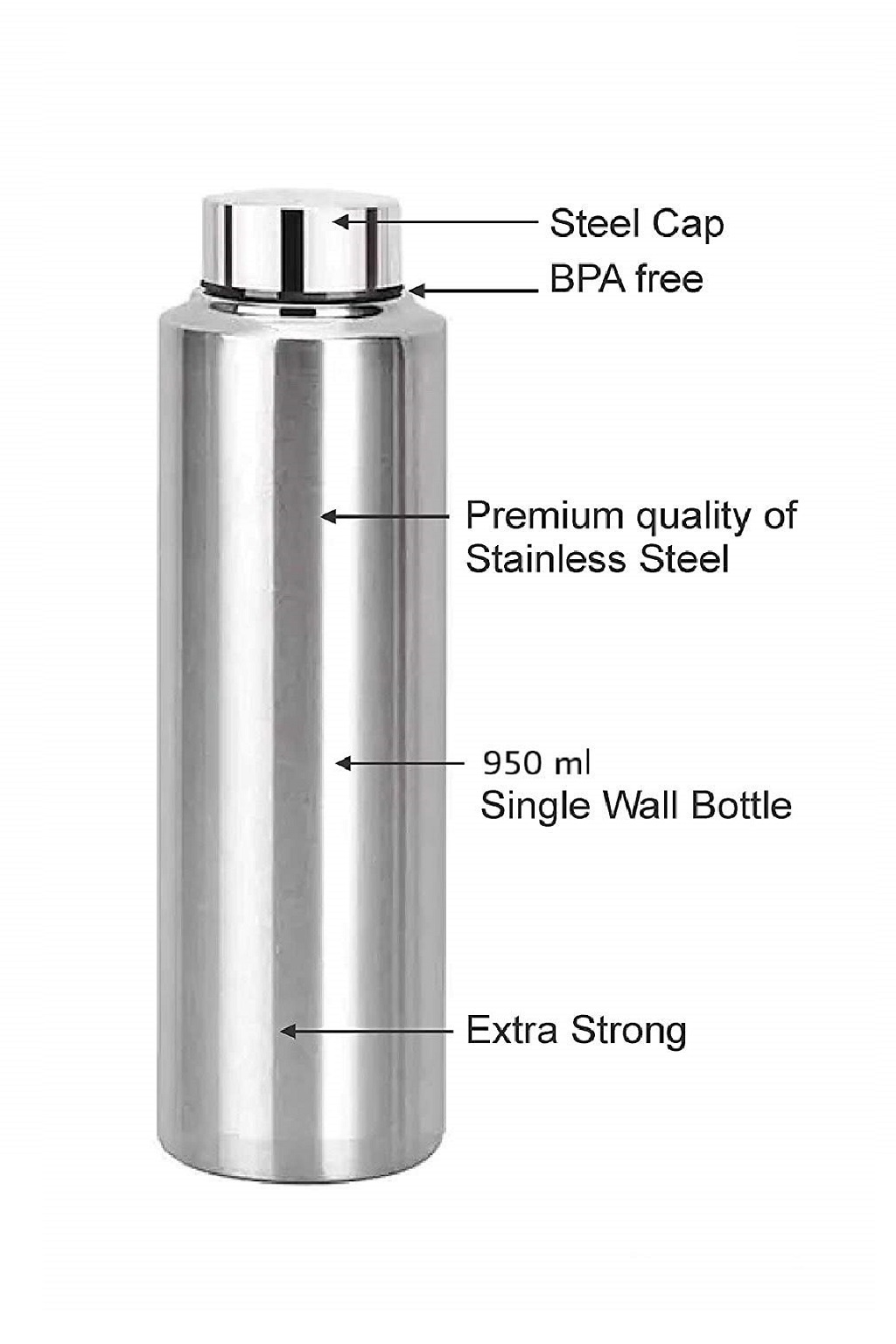 Stainless Steel Chrome Single Wall Water Bottle (1000ml) - 2