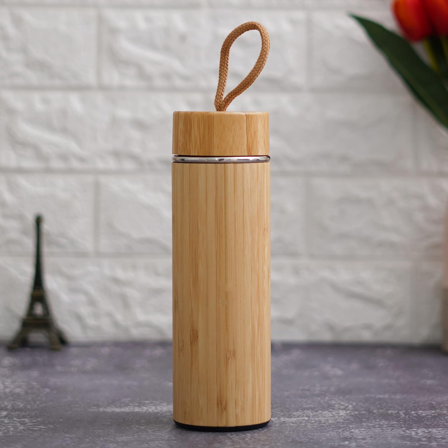 Natural Bamboo Stainless Steel Insulated Flask With Carryring Loop (500ml)