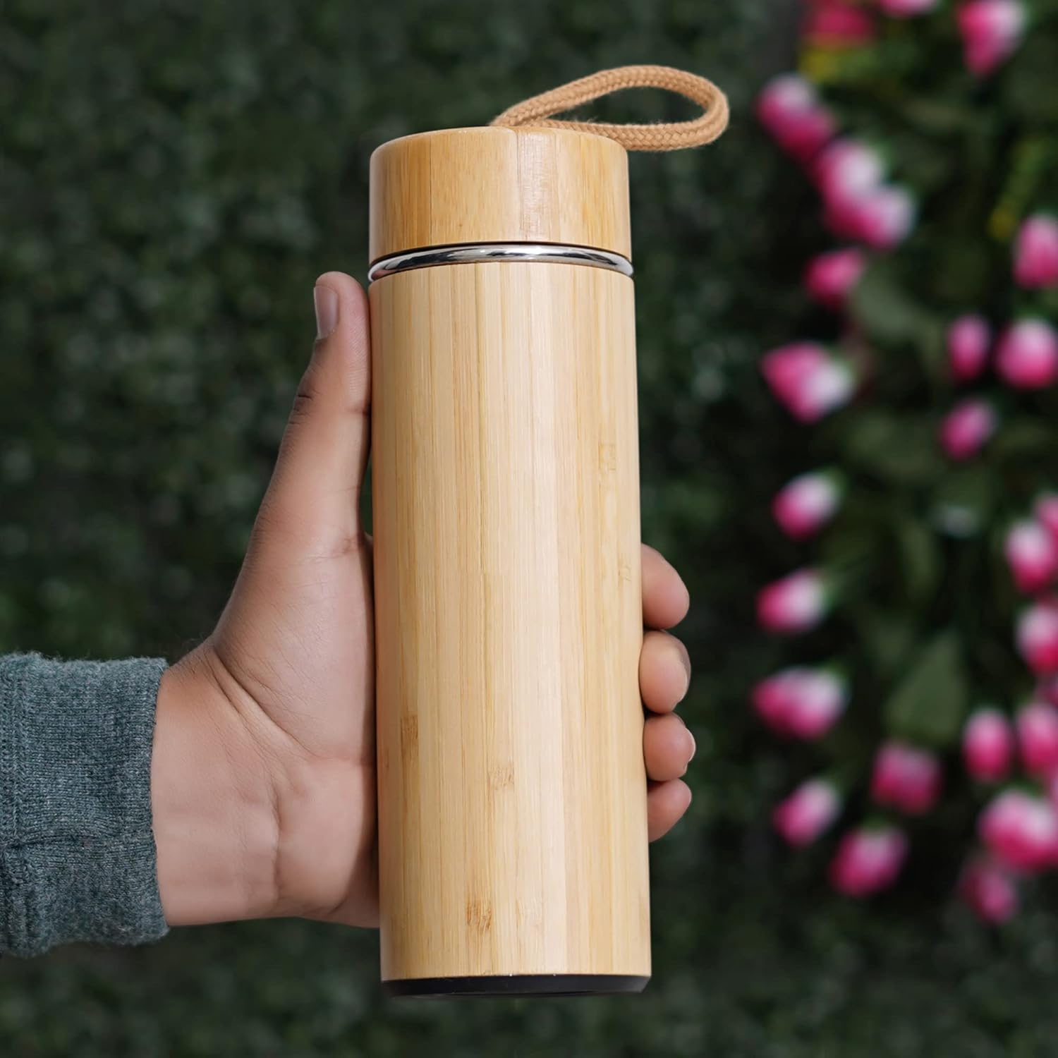 Natural Bamboo Stainless Steel Insulated Flask With Carryring Loop (500ml) - 2