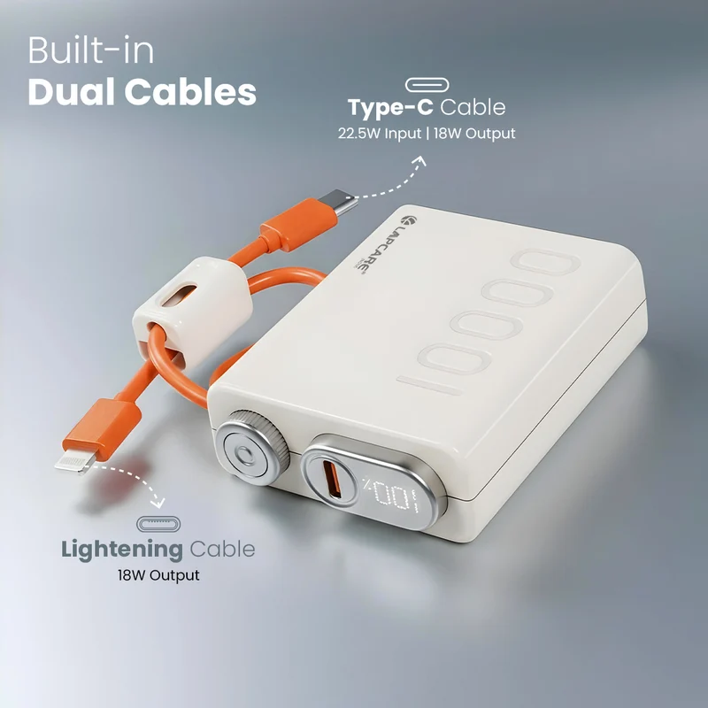 Lapcare Royale | Dual In-Built Cables | 22.5W Wired Output | 10000mAh Powerbank | Digital Display - 3