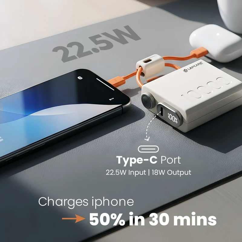 Lapcare Royale | Dual In-Built Cables | 22.5W Wired Output | 10000mAh Powerbank | Digital Display - 4