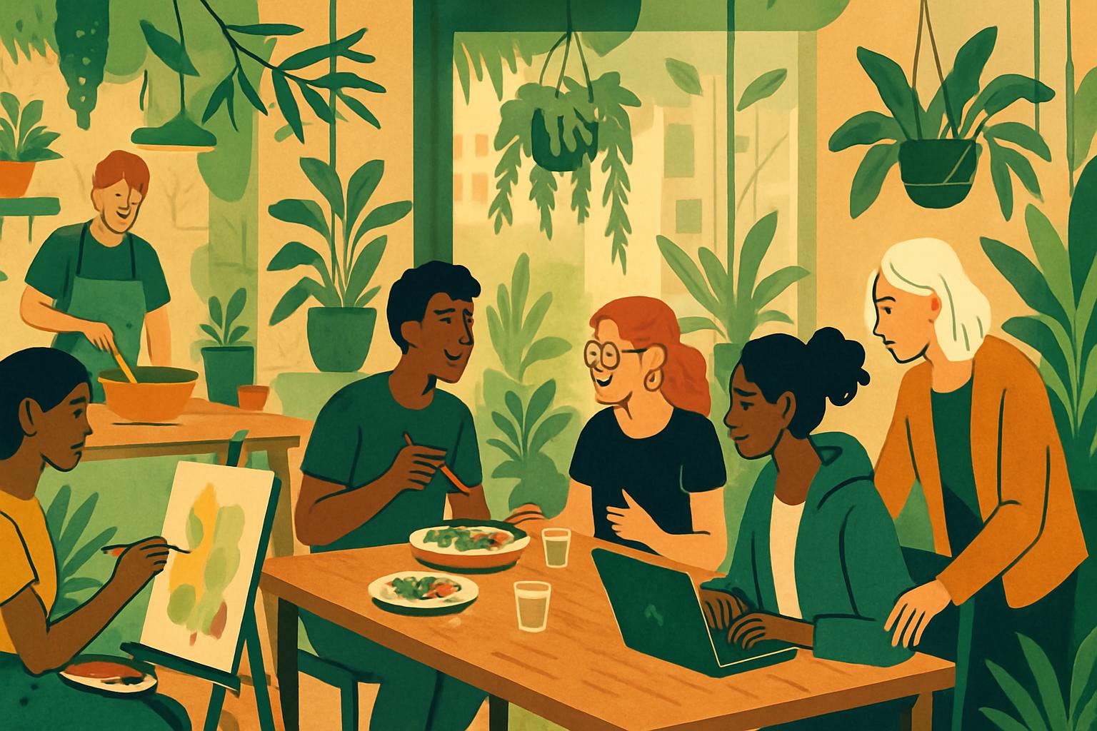 A cozy and modern café interior where people can meet and talk.