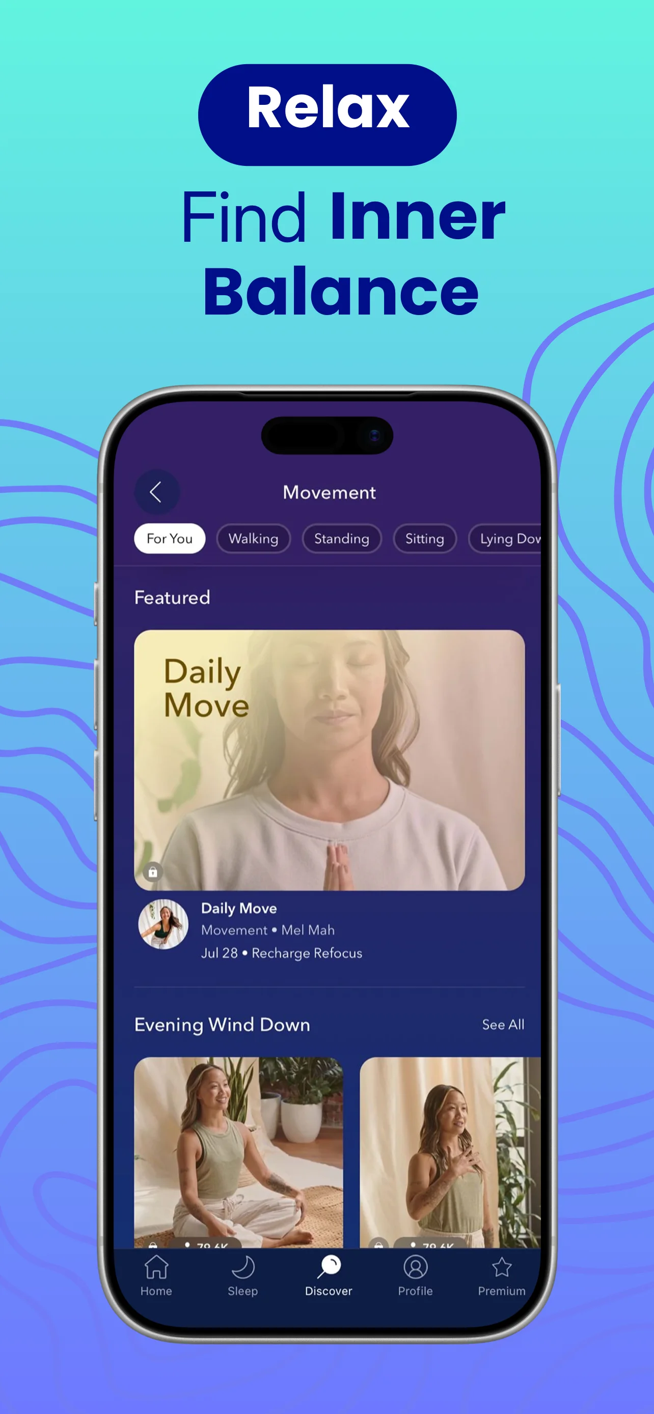 App Store screenshot template for meditation app – mindfulness movement screen, iPhone 6.5 6.7 6.9