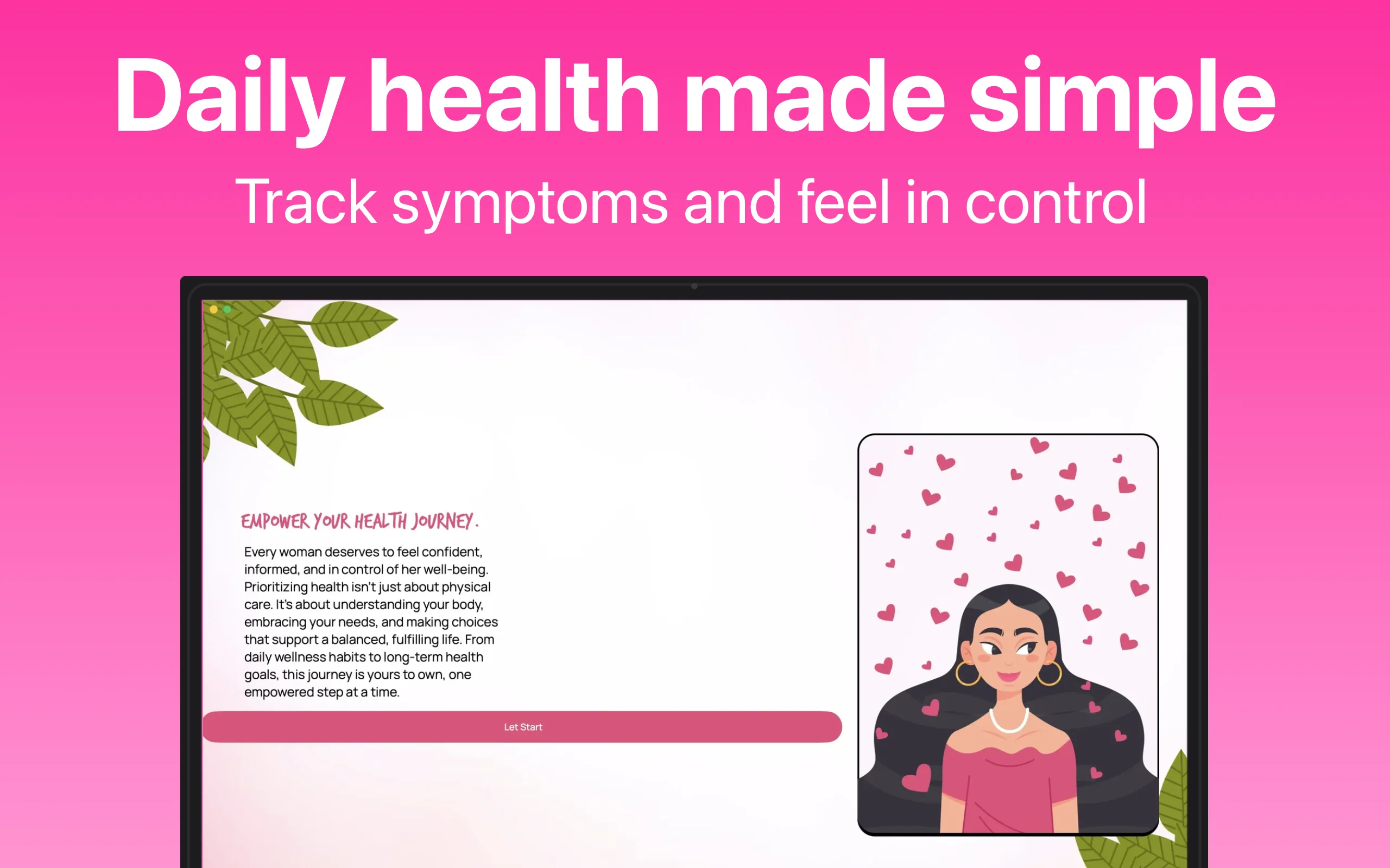 App Store screenshot template for women health Mac app – symptoms and mood log