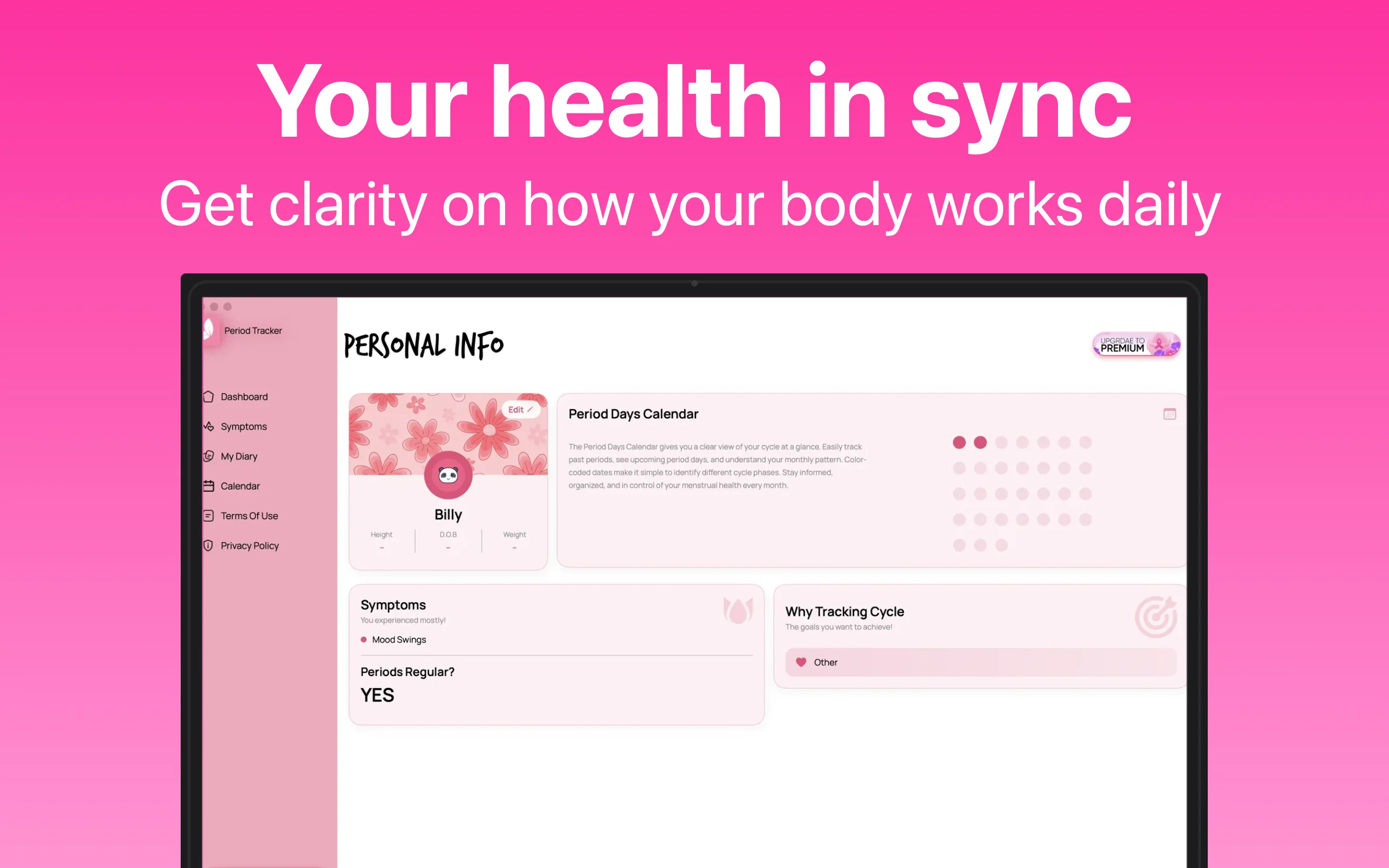 App Store screenshot template for women health Mac app – health stats overview