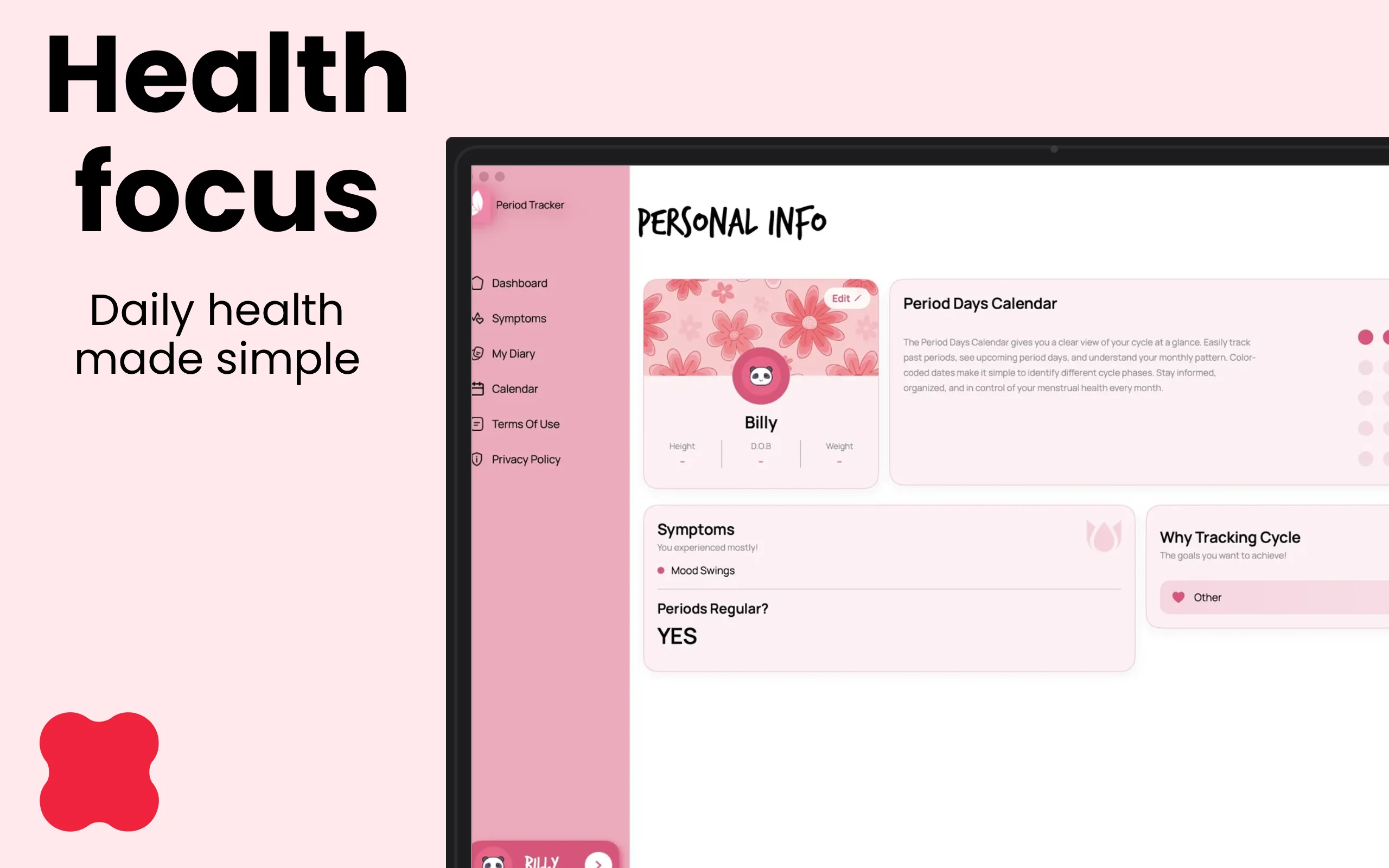 App Store screenshot template for health Mac app – symptoms and blood tracking