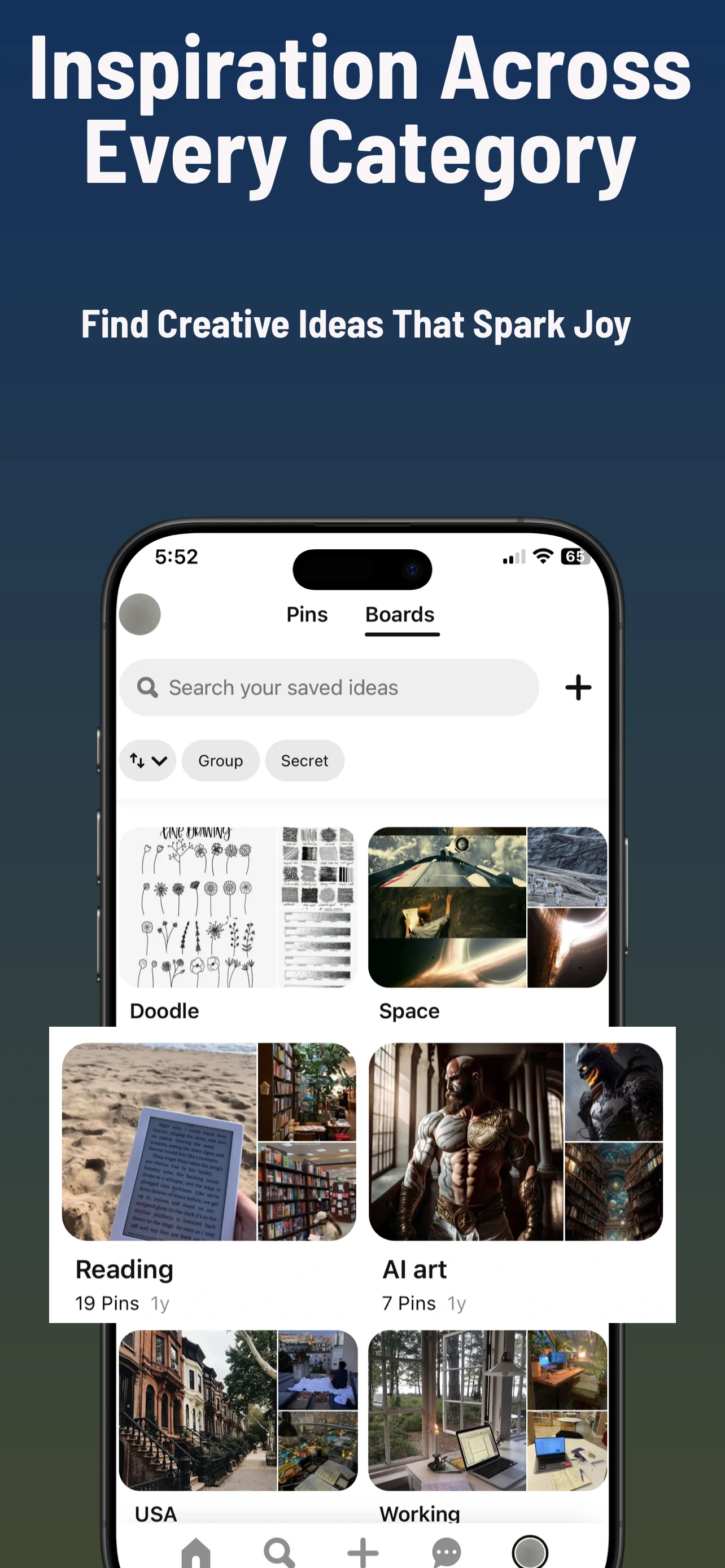 App Store screenshot template for inspiration app – save and organize boards