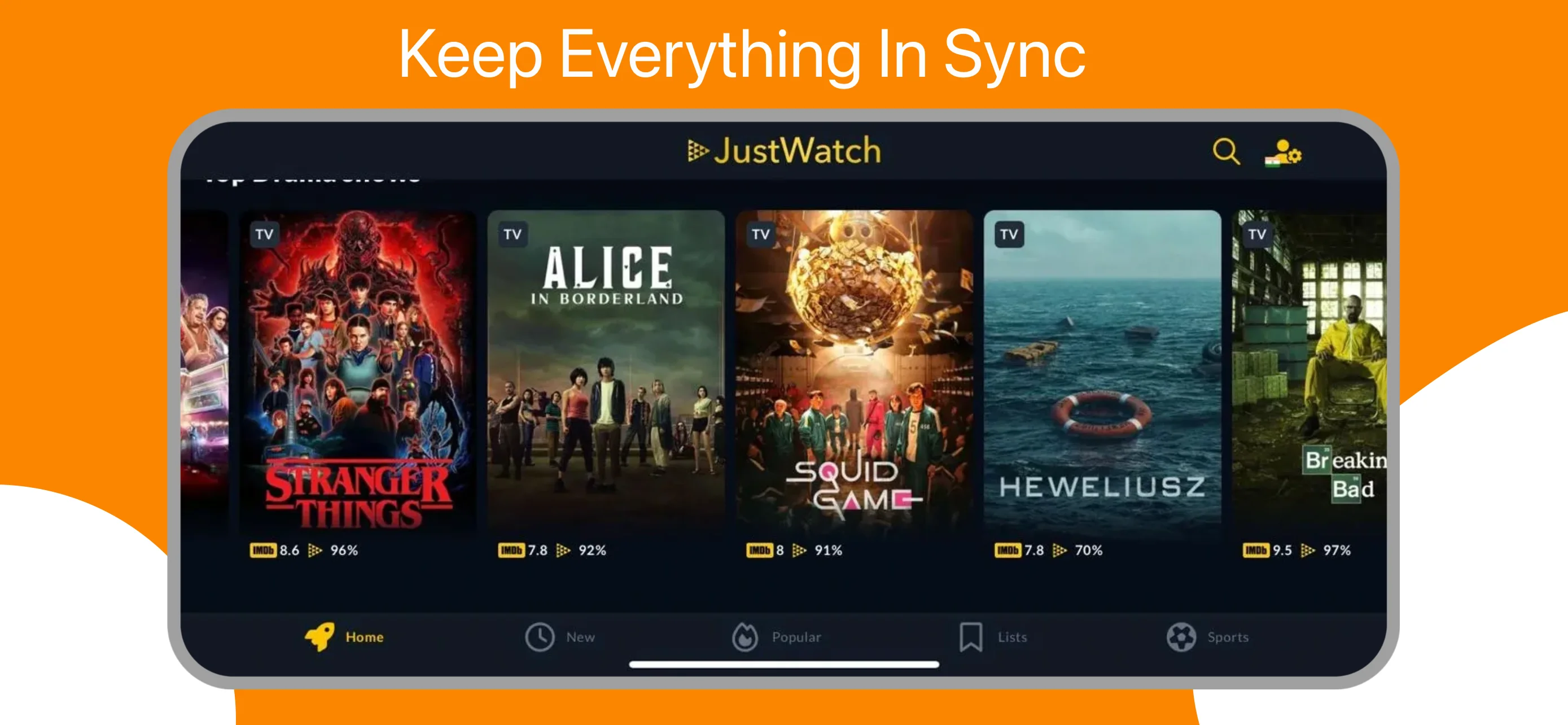App Store landscape screenshot template for streaming tracker – sports tab with live scores