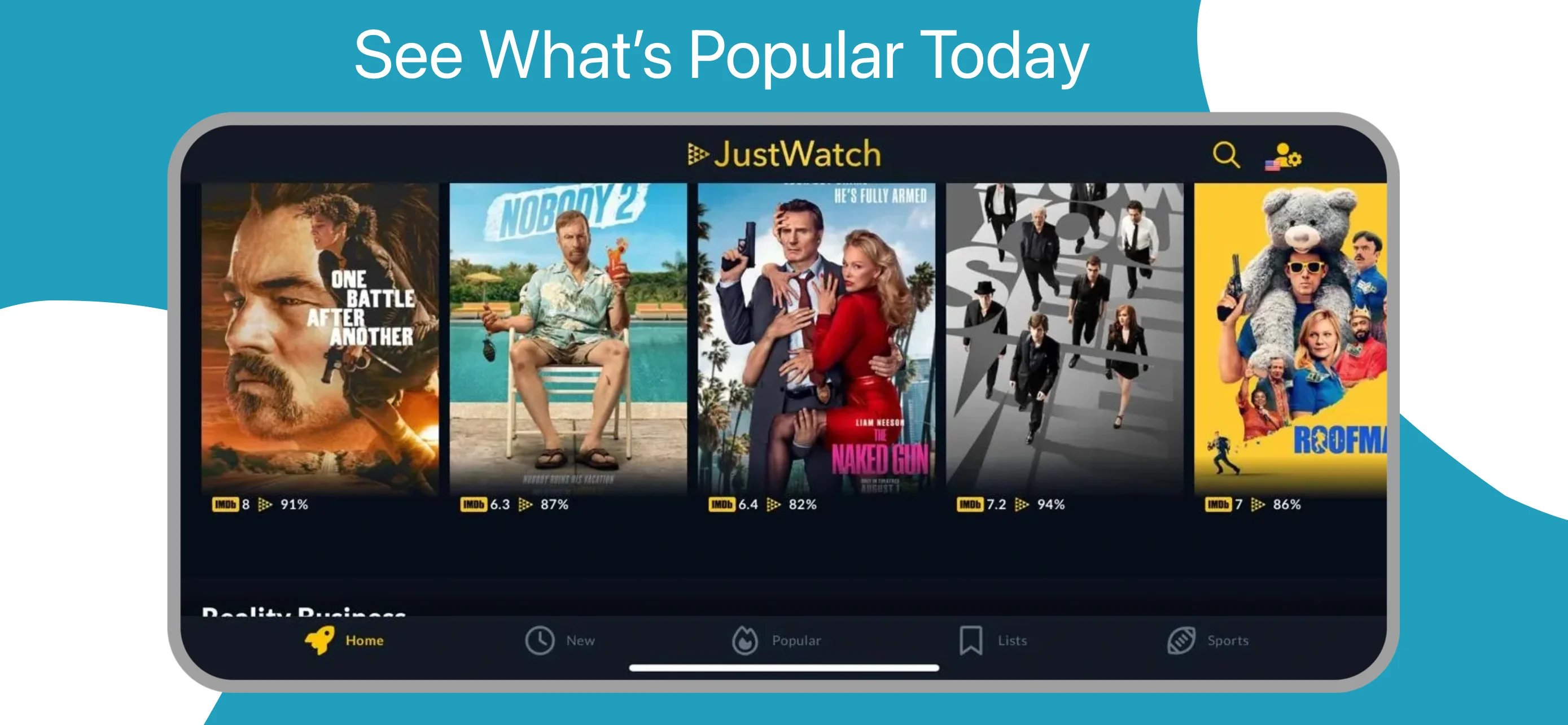 App Store landscape screenshot template for streaming tracker – watchlist and ratings
