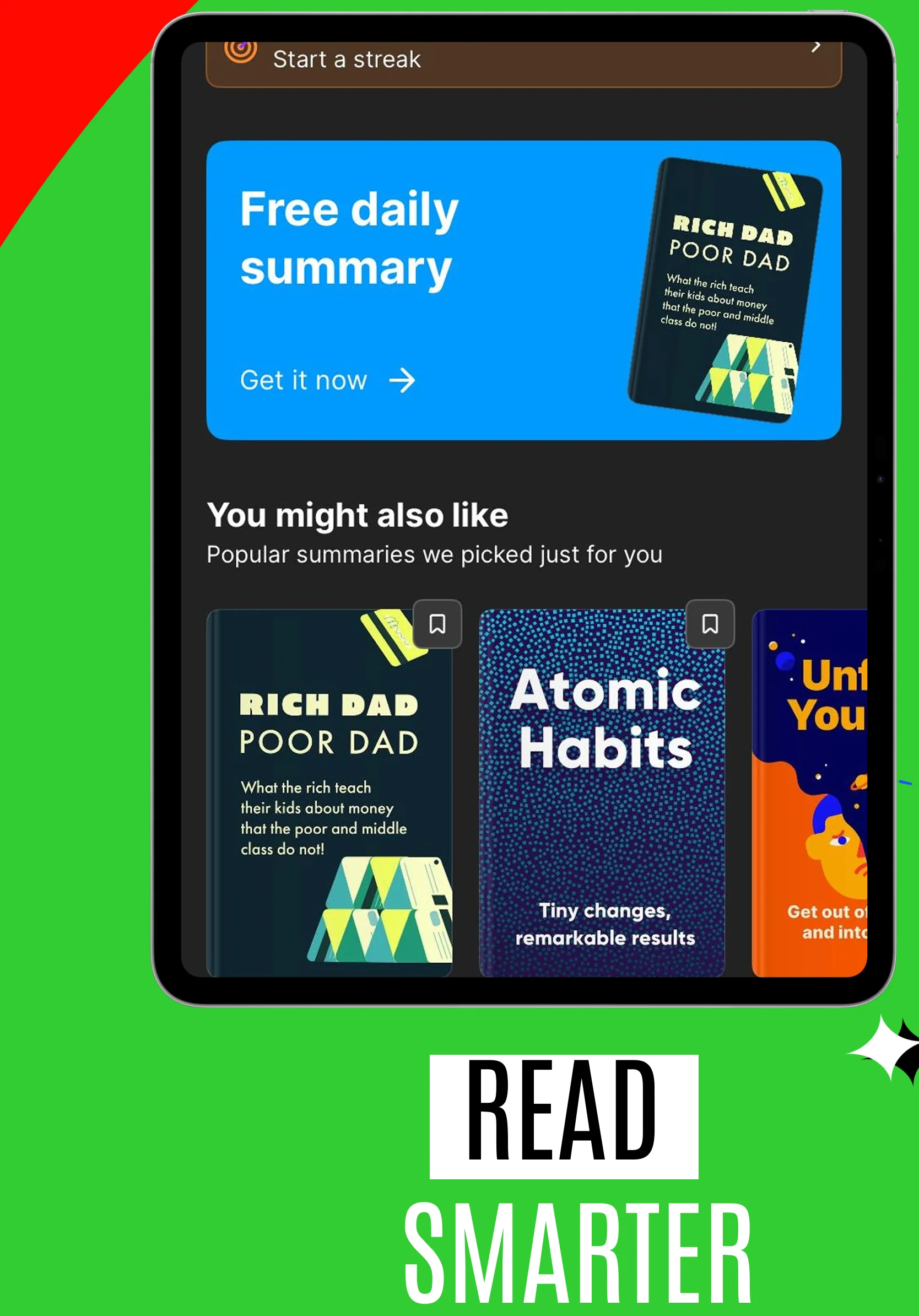 App Store screenshot template for book summary app – key insights summary iPad