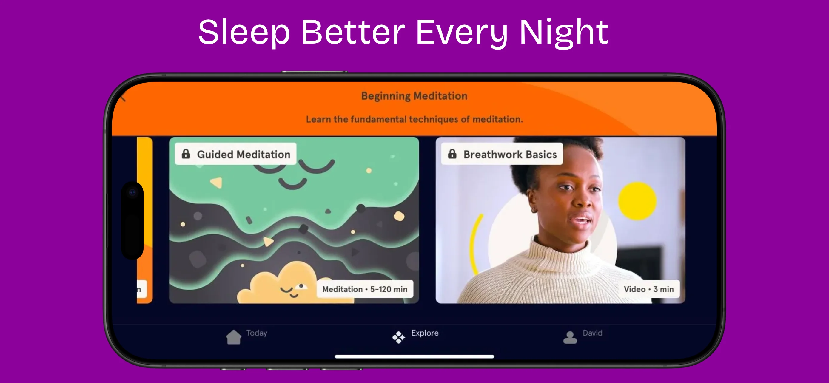 App Store landscape screenshot template for meditation app – explore sessions