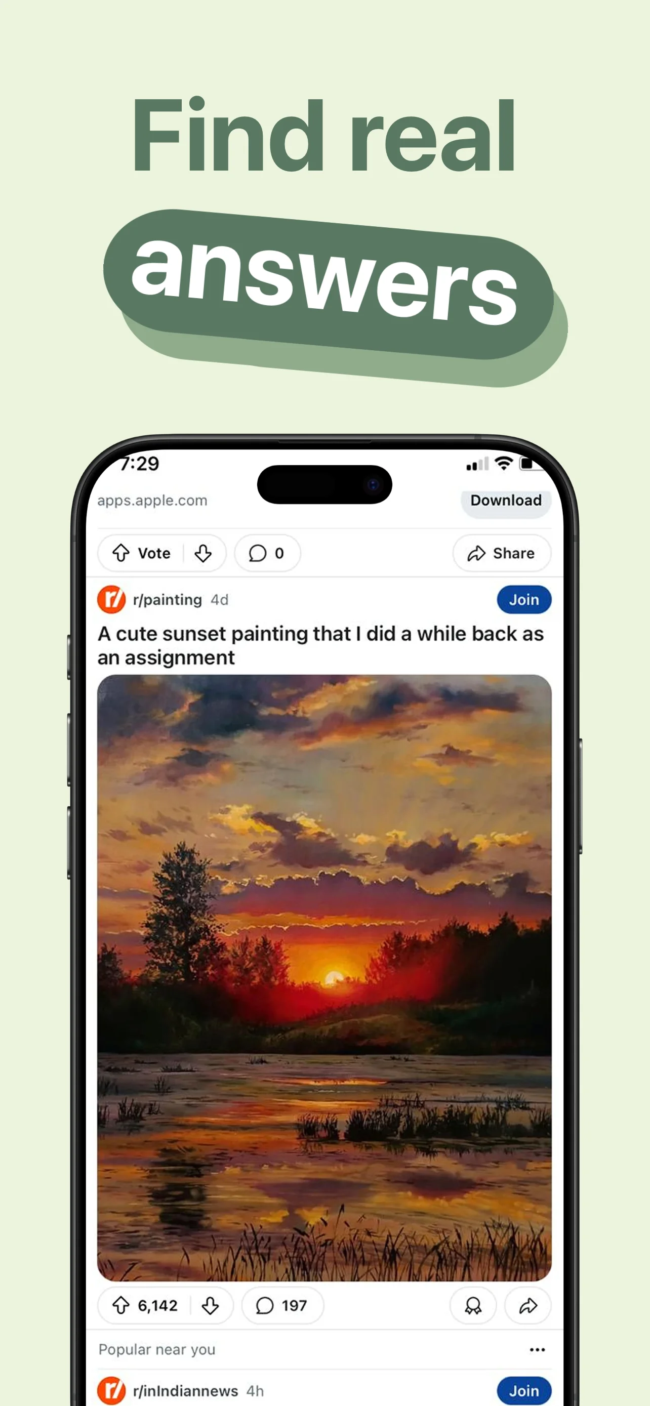 App Store screenshot template for community app – real answers post view