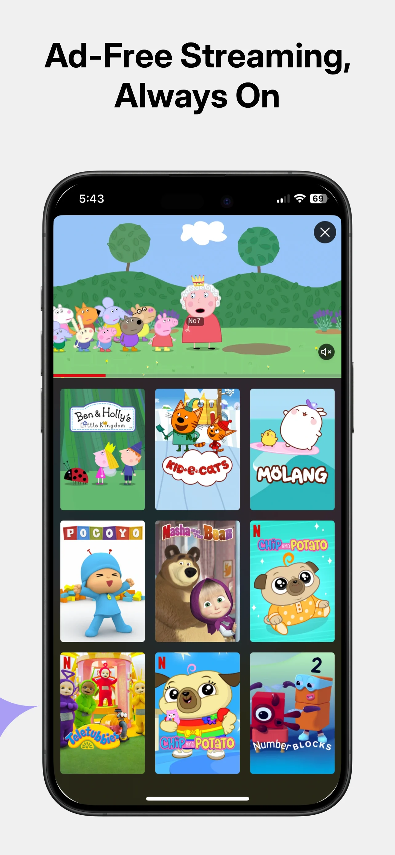 App Store screenshot template for streaming app – ad-free kids show grid