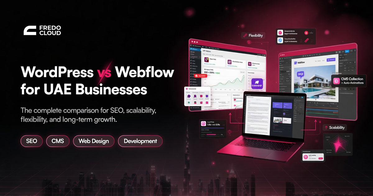 WordPress vs Webflow comparison graphic for Dubai businesses
