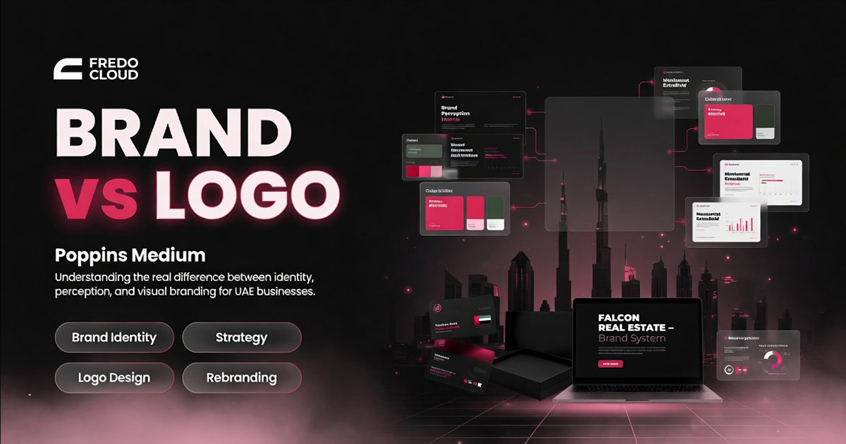 Comparison of a logo sketch and a Dubai city skyline representing brand vs logo concepts.