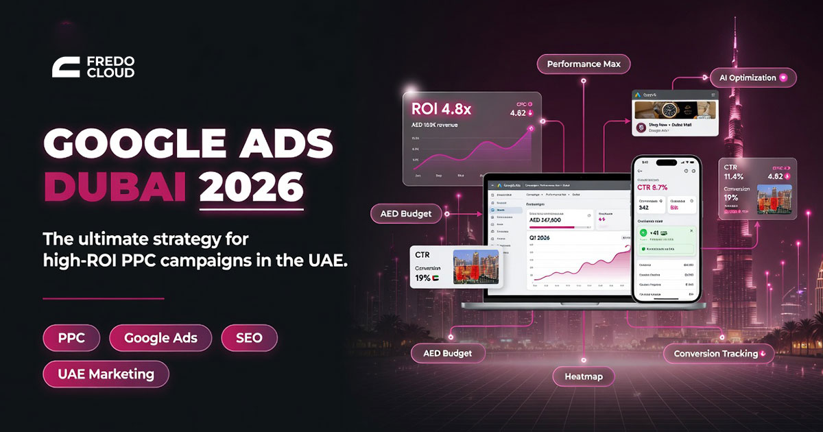 Google Ads Dubai analytics dashboard with Dubai skyline background