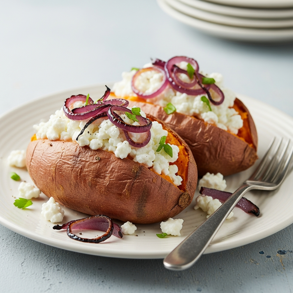 Baked Sweet Potato with Cottage Cheese and Feta Stir