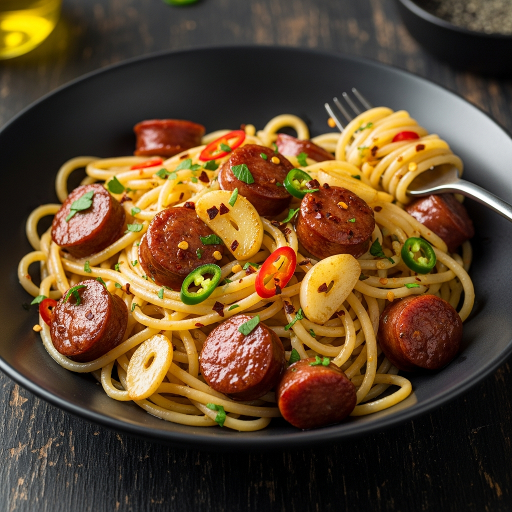 Pasta med salsiccia, vitlök och chili